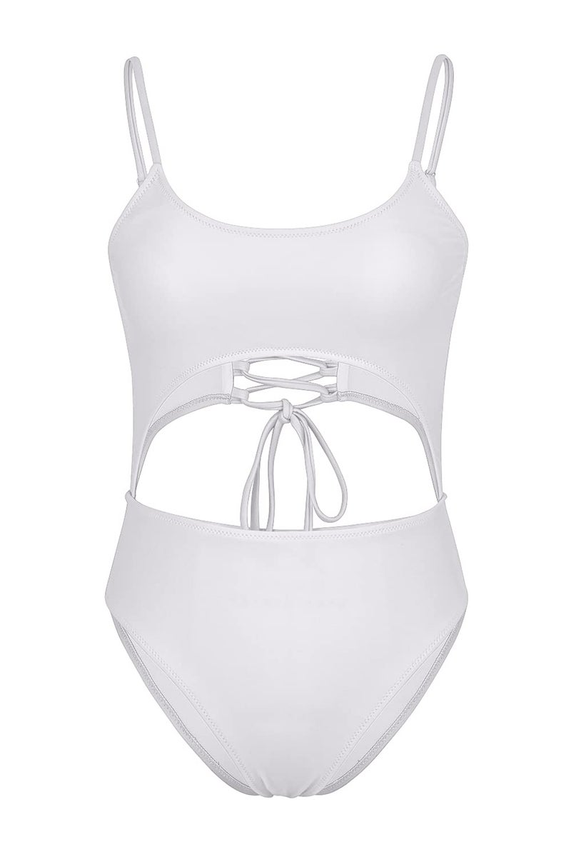 Meyeeka Spaghetti Strap Cutout High Waist One Piece Swimsuit Lace Up Athletic Monokini for Women S White - Image 4